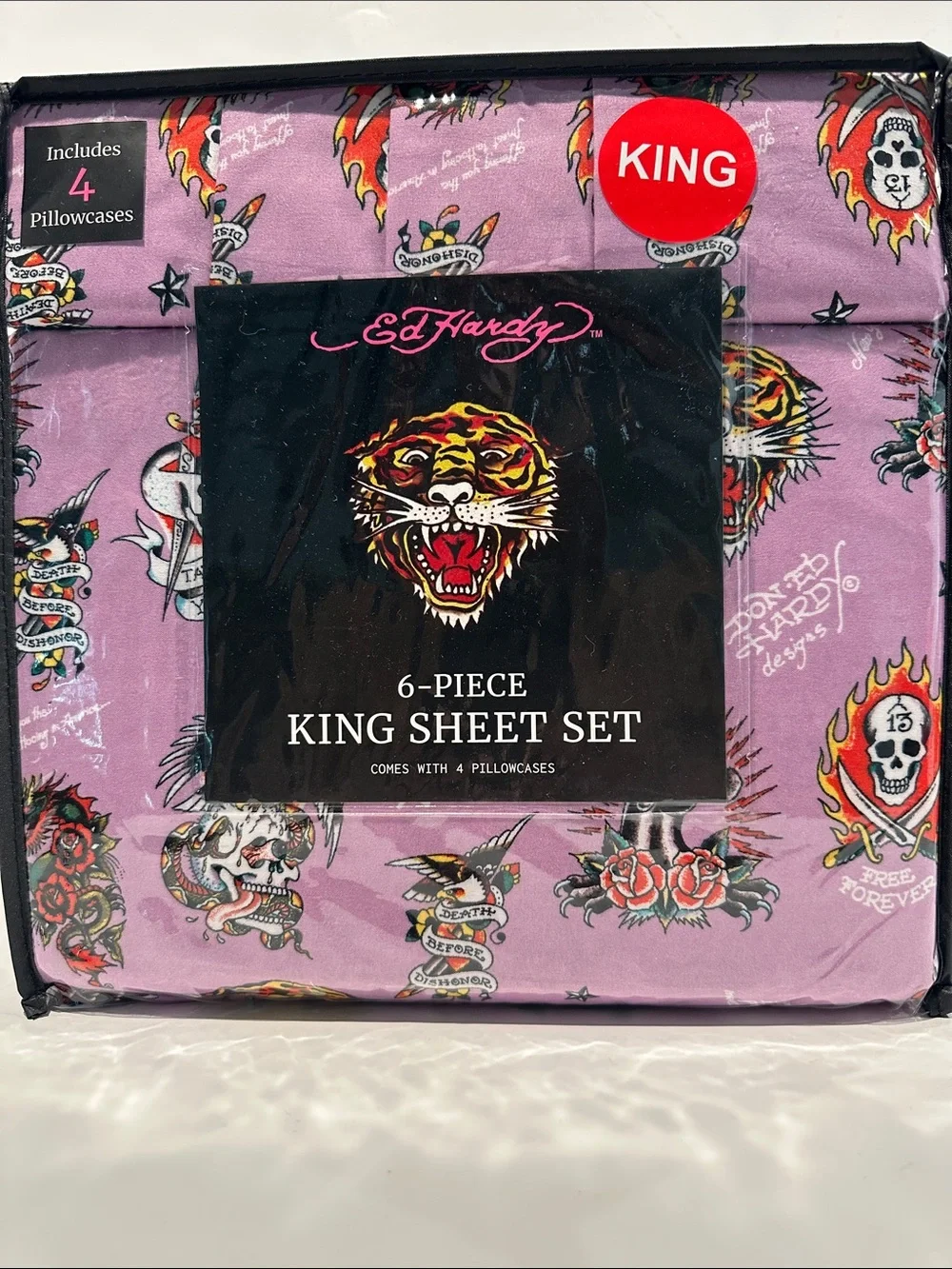NWT Ed Hardy Death Before Dishonor 6 Piece King Sheet Set with 4 Pillowcases.